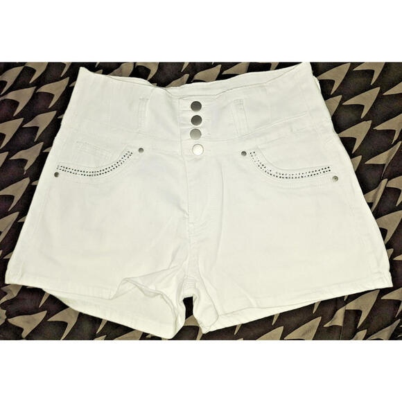 New White Tush Push Denim Jean Stretchy Shorts Size Large Pocket 4 Button Waist - Picture 1 of 5